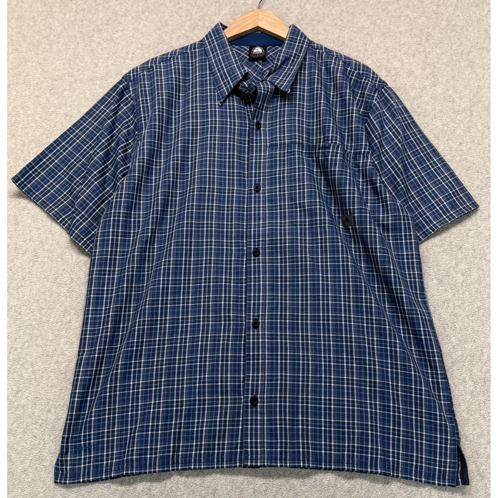 Vintage Nike ACG Mens Check Button Up Shirt Navy Blue Short Sleeve Classic Fit L